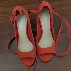Red peep toe, ankle stirrup high heels